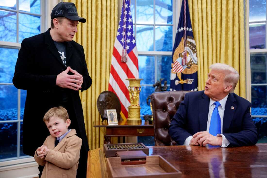 President Trump has joined by Tesla and CEO of Spacex Elon Musk, and his son, X Musk, during an executive order signed in the Oval Office in the White House on 11 February.